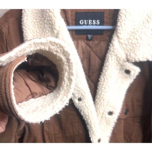 Guess Cord Sherpa Trucker Jacket Utility Brown Button Down Men Size XL - Picture 9 of 16